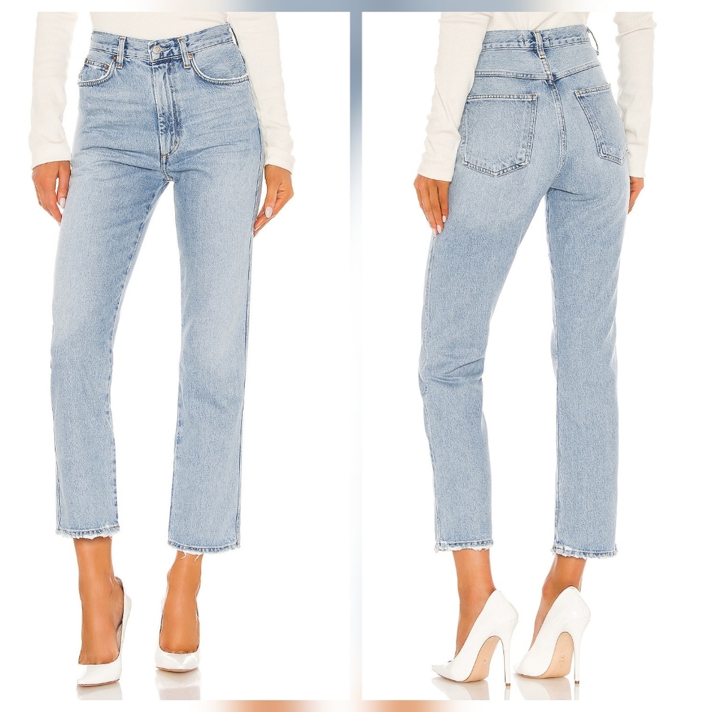 AGOLDE Pinch Waist High Rise Kick Jeans 28 Light Denim Wash Distressed Riptide